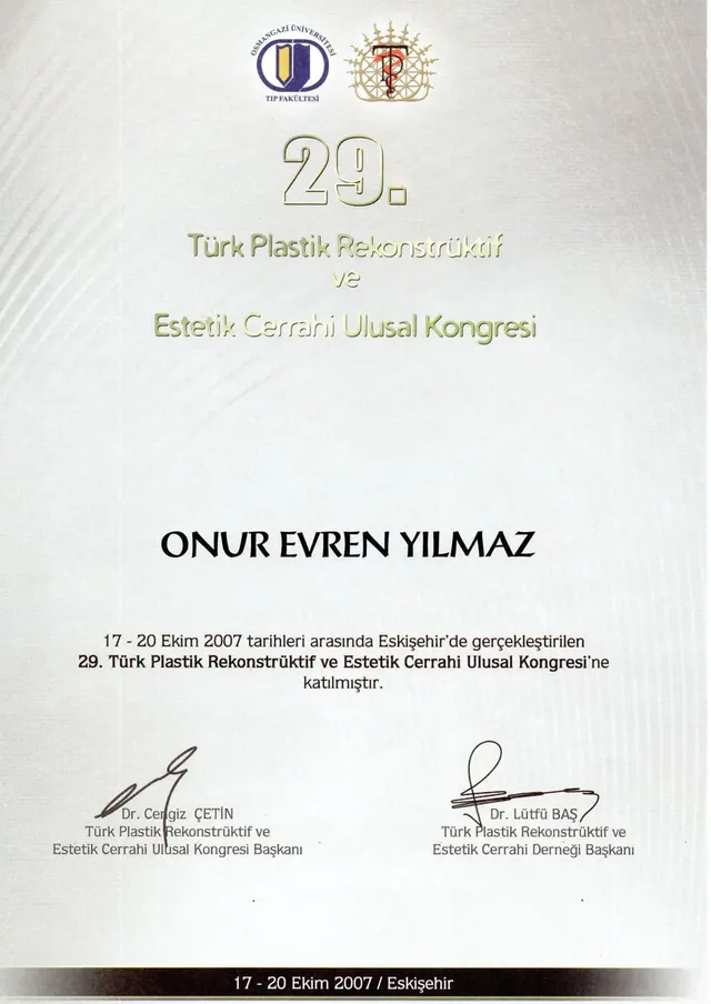 Zertifikat 29. Nationaler TPRECD-Kongress, Plastischer Chirurg Izmir