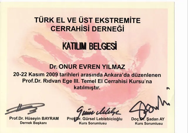 Zertifikat 3. Grundkurs Handchirurgie, Plastischer Chirurg Izmir