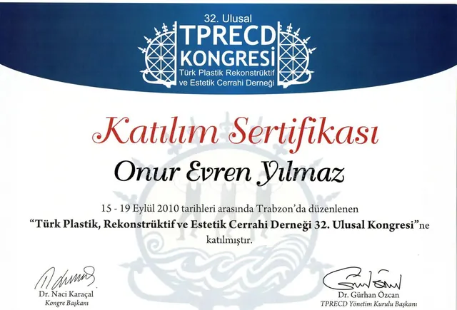 Zertifikat 32. Nationaler TPRECD-Kongress, Plastischer Chirurg Izmir