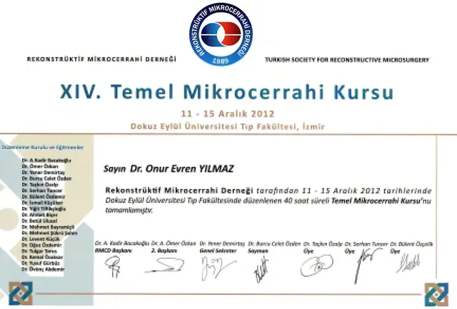 Zertifikat 14. Grundkurs Mikrochirurgie, Plastischer Chirurg Izmir