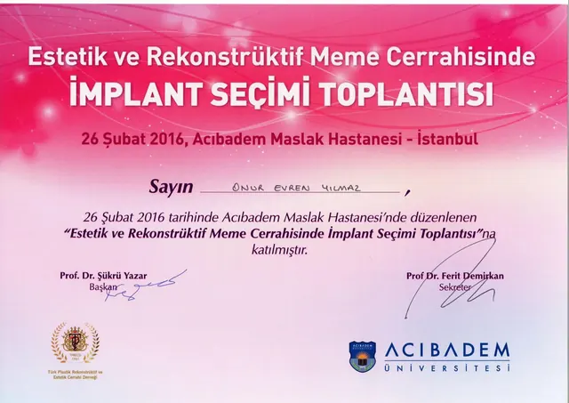 Zertifikat Brustimplantat-Auswahl, Plastischer Chirurg Izmir