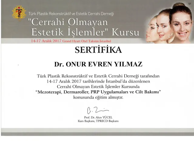 Zertifikat Mesotherapie, Dermaroller und PRP, Plastischer Chirurg Izmir