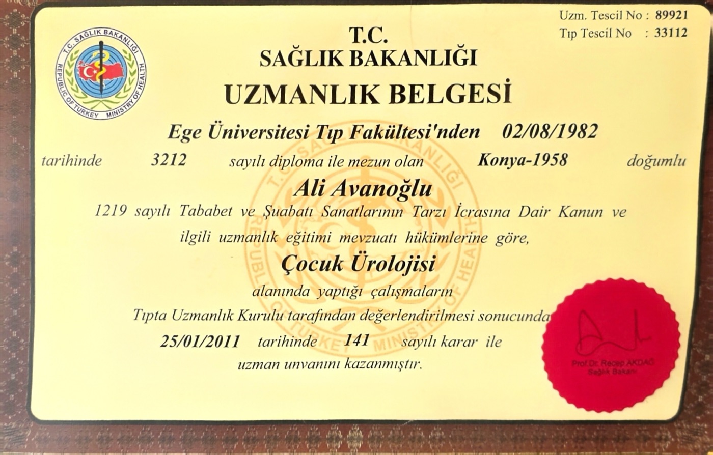 Ali Avanoğlu'nun çocuk ürolojisi uzmanlık belgesi