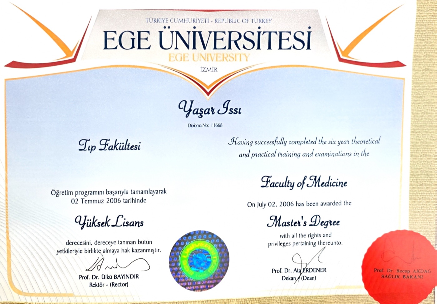 Yaşar Issı'nın tıp doktoru diploması