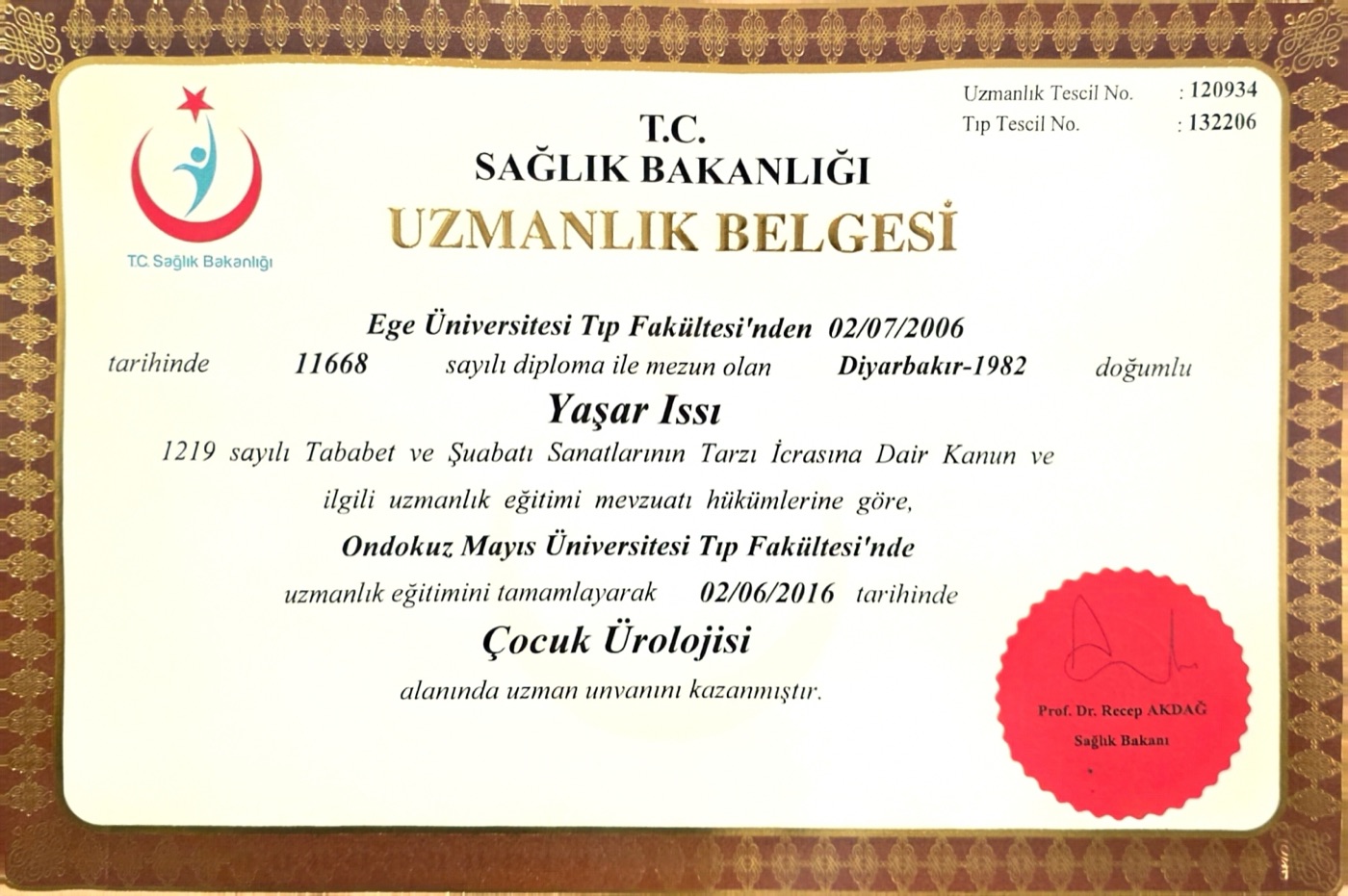 Yaşar Issı'nın çocuk ürolojisi uzmanlık belgesi