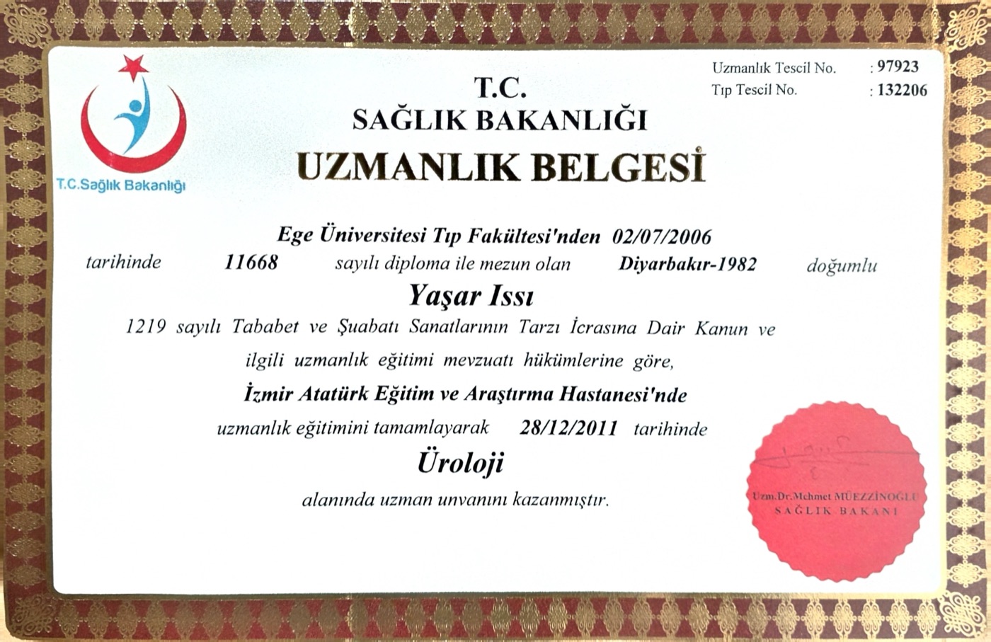 Yaşar Issı'nın üroloji uzmanlık belgesi